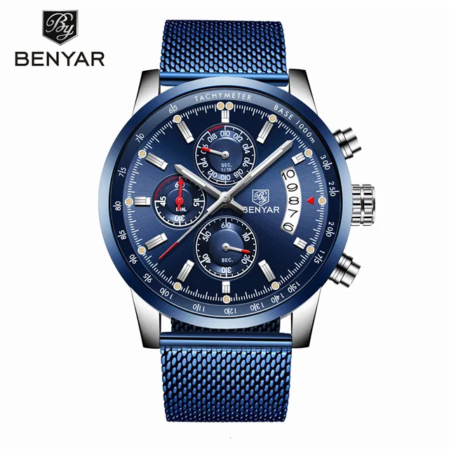 Steel-blue Мужские часы BENYAR Топ бренд повседневные Модные военные водонепроницаемые часы мужские сетчатые кварцевые часы из нержавеющей стали zegarek meski - Цвет: Steel-blue