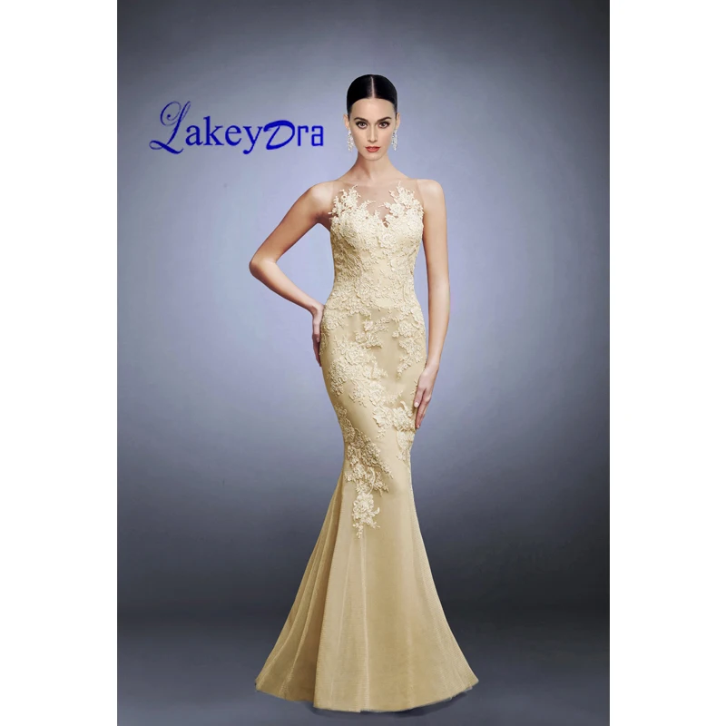 

Lakeydra Champagne Evening Dresses Tulle Sheer Neck with Appliques Covered Button Back Sleeveless Prom Gowns Robe De Soiree