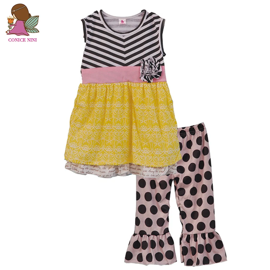 

2017 Newest Summer Children Girl Clothing Kids Flower Decoration Gray Striped Dress And Bib Dot Pants Girl Clothing Set S102