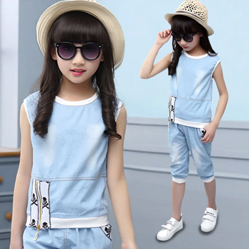 

Teens Girls Fashion Washed Denim Children's Clothing Sets Two-piece Summer T-shirt and Short Jeans Kids Clothes Overall Suits