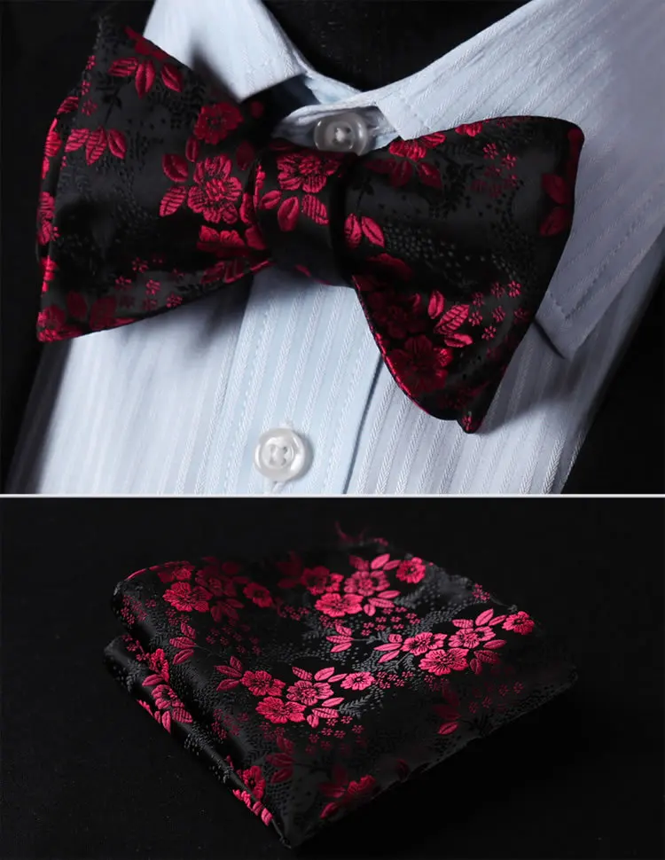  BF3001U Burgundy Black Floral 100%Silk Jacquard Woven Men Self Bow Tie BowTie Pocket Square Handker