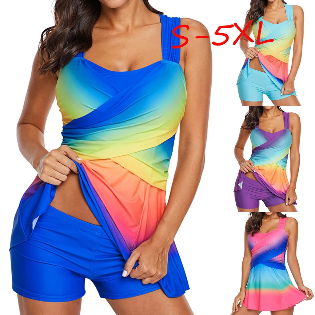 

Women's Swimming Suit 2019 Rainbow Lady Tankini Swimdress Swimsuit Beachwear Padded Swimwear Plus Size Biki bathing suit women#5