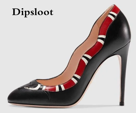 

2018 Hot New Luxury Brand Dipsloot Women Fashion Black Red Yellow Metallic Leather Snake Pumps Thin Heels Party Shoes Lady