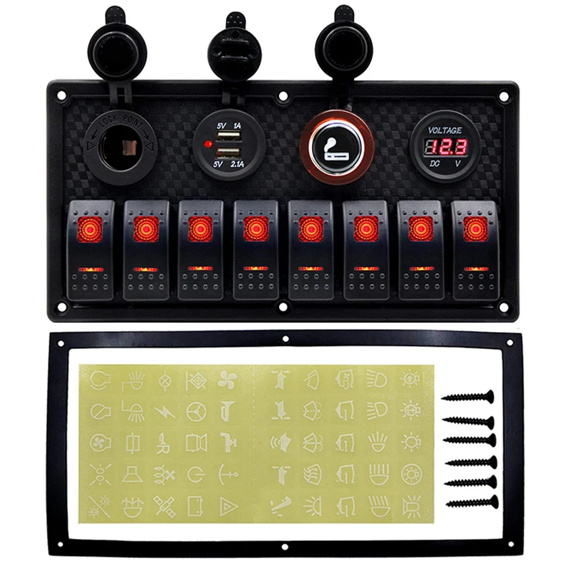 

Car Boat Rocker Switch Panel 8 Gang LED Dual USB Cigarette Lighter Socket Voltmeter Auto Car Switch Panel LED Boat Switch Panel