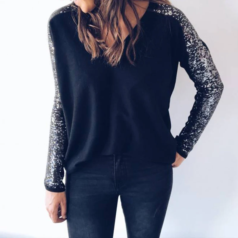 Woman Sequin Glitter T-shirt Fashion Women Long Sleeve V-Neck Casual Tee Tops Elegant Shirt Autumn Winter Pullover Lady T Shirts
