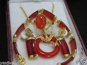 

Free Shipping>>Charming Jewelry Rael Red stone Bracelet Earring Ring Set