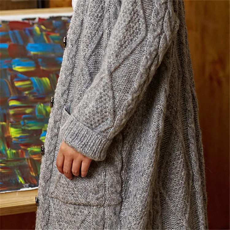 Шерстяной, ручной работы Vneck вязать для женщин модные однотонные свободные однобортный длинный кардиган, свитер один и более размеры