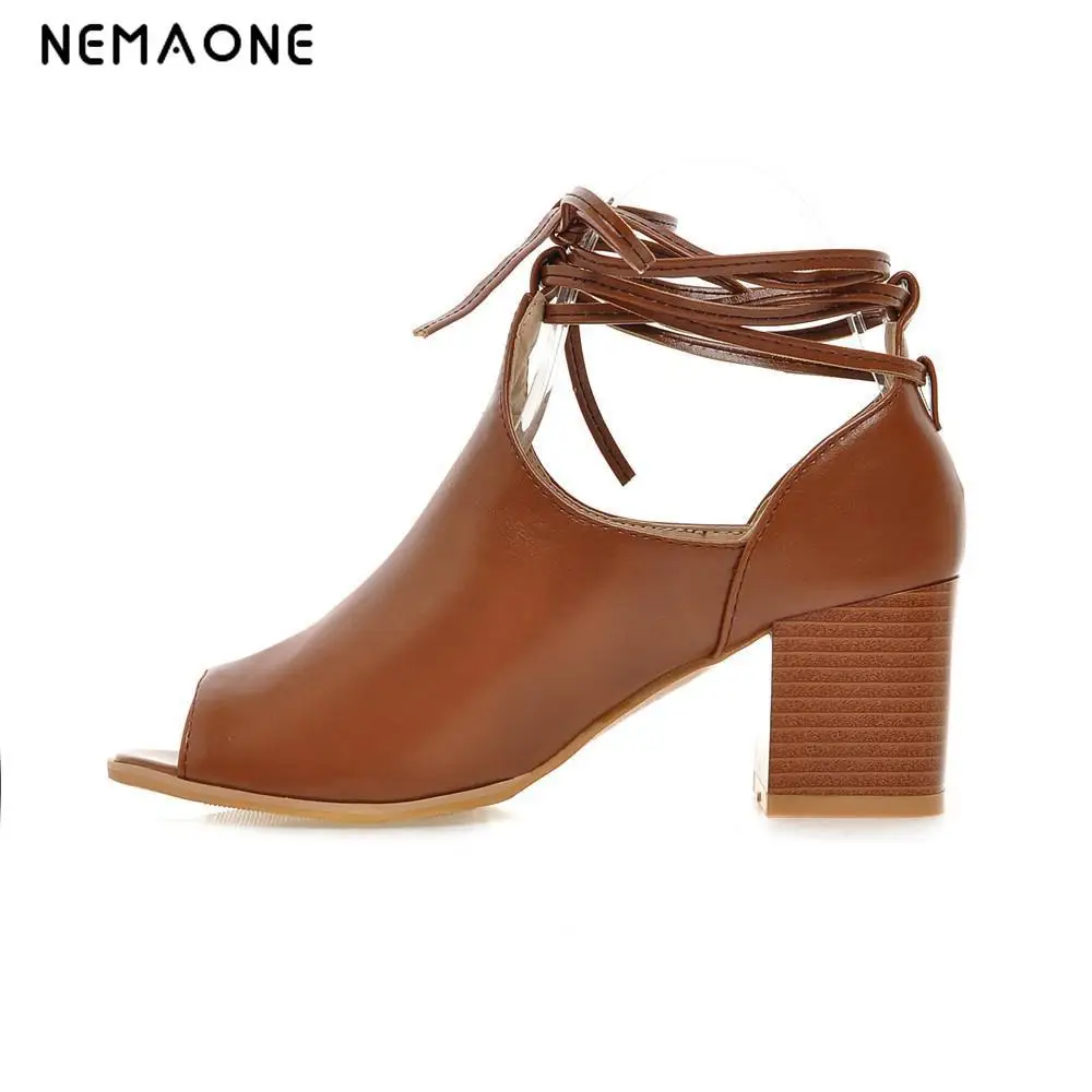 

NEMAONE 2017 New fashion summer high heel shoes lace up women pumps peep toe women shoes black brown