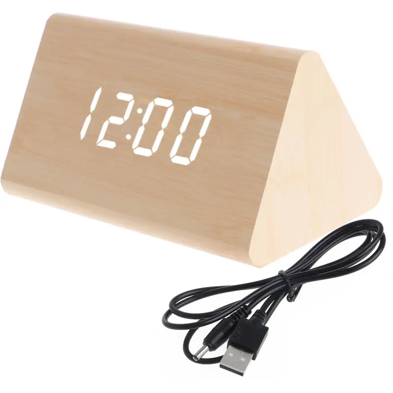 

Voice Control Alarm Clock Creative Kids Wooden Snooze Desk Clock Home Bedroom LED Display Digital Triangular Thermometer