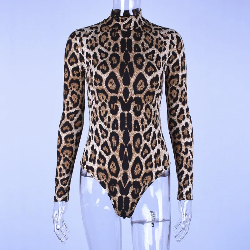 Qiuxuan Леопардовый боди осень зима модный длинный рукав водолазка женский комбинезон облегающий боди костюм с животным принтом кожи боди