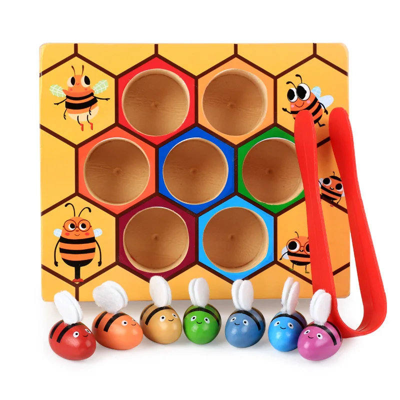 Wooden children's Montessori education beehive game early education puzzle color cognitive clip small bee toy Funny Game