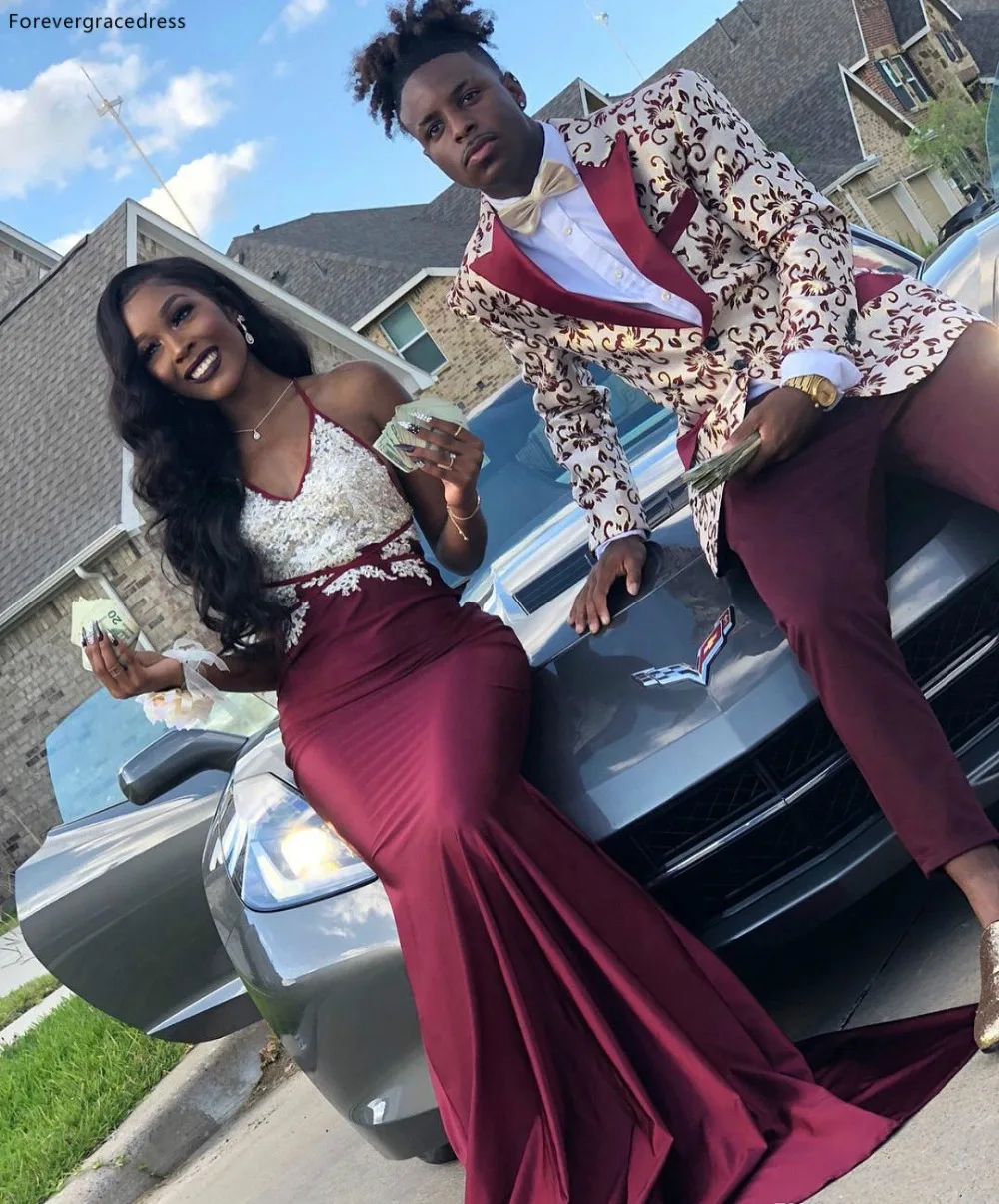 2019 South African Couple Fashion Burgundy Prom Dresses Mermaid V Neck Lace Appliques Satin Long Evening Gowns Custom Made BC1216 129 (7)