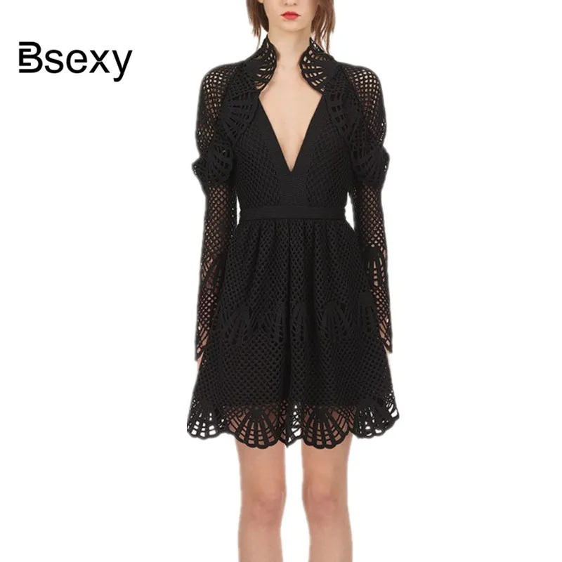 black long sleeve crochet dress