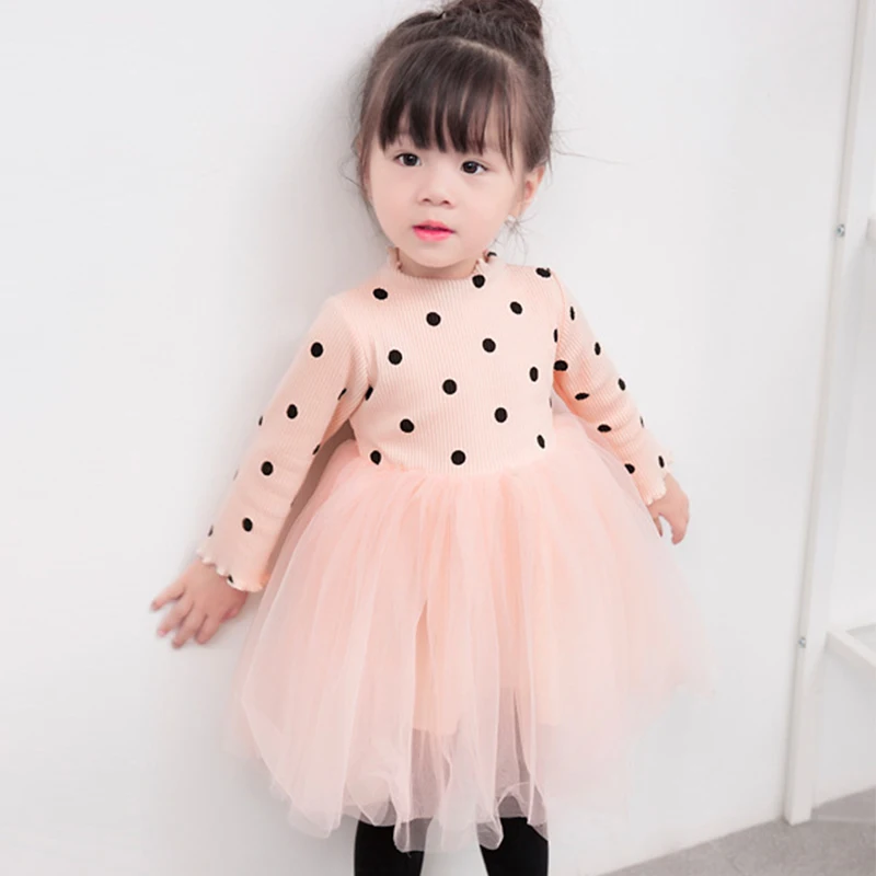 Платье для маленьких девочек кружевные с кушаком платья принцессы Модное детское платье-свитер в горошек платье с длинными рукавами детское Сетчатое бальное платье - Цвет: Pink