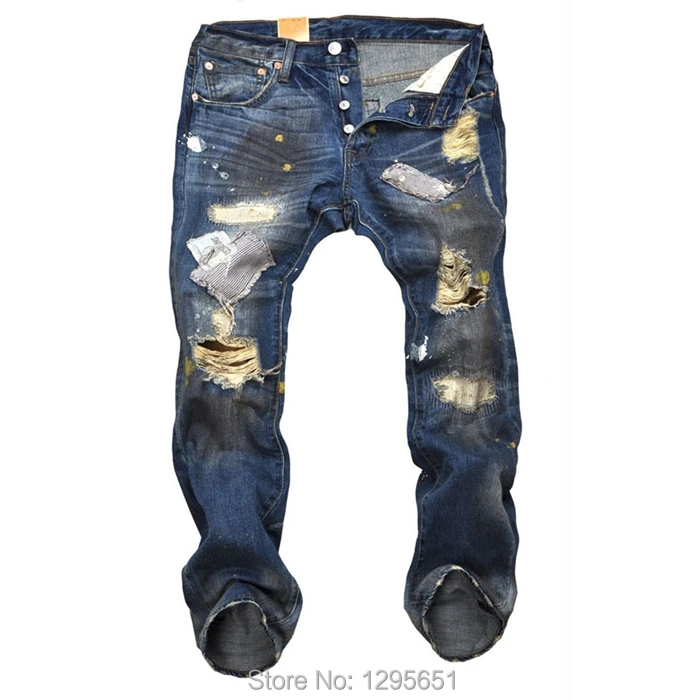 Free Shipping New Men Ripped Jeans Pants Patched Torn Destroyed Blue