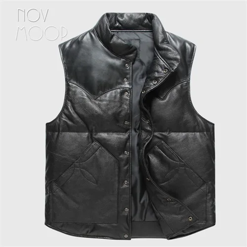 Men winter warm genuine leather real lambskin duck down jacket coat sleeveless vest outwear chalecos para hombre gilet LT2449 - Цвет: Black per pic