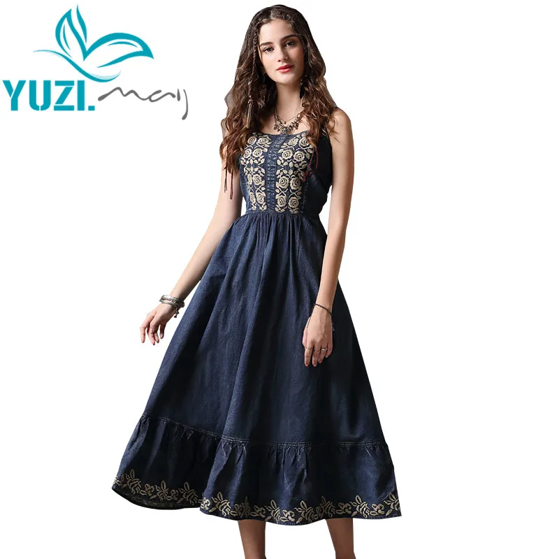 

Summer Dress 2018 Yuzi.may Boho New Vintage Denim Vestidos Slash Neck Sleeveless High Waist A-line Women Dresses A82099