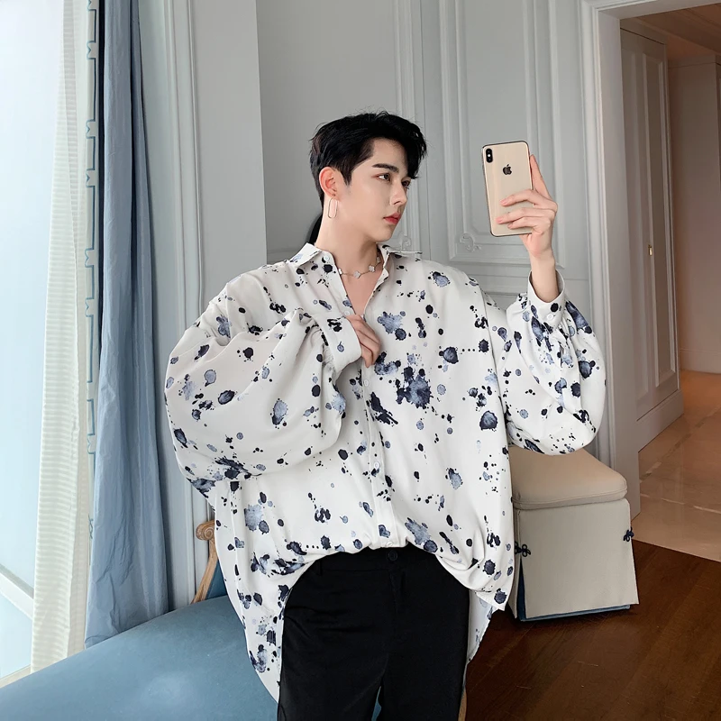 

Men Oversize Long Sleeve Print Loose Casual Shirts Male Women Streetwear Hip Hop Dress Shirt Stage Show Costumes