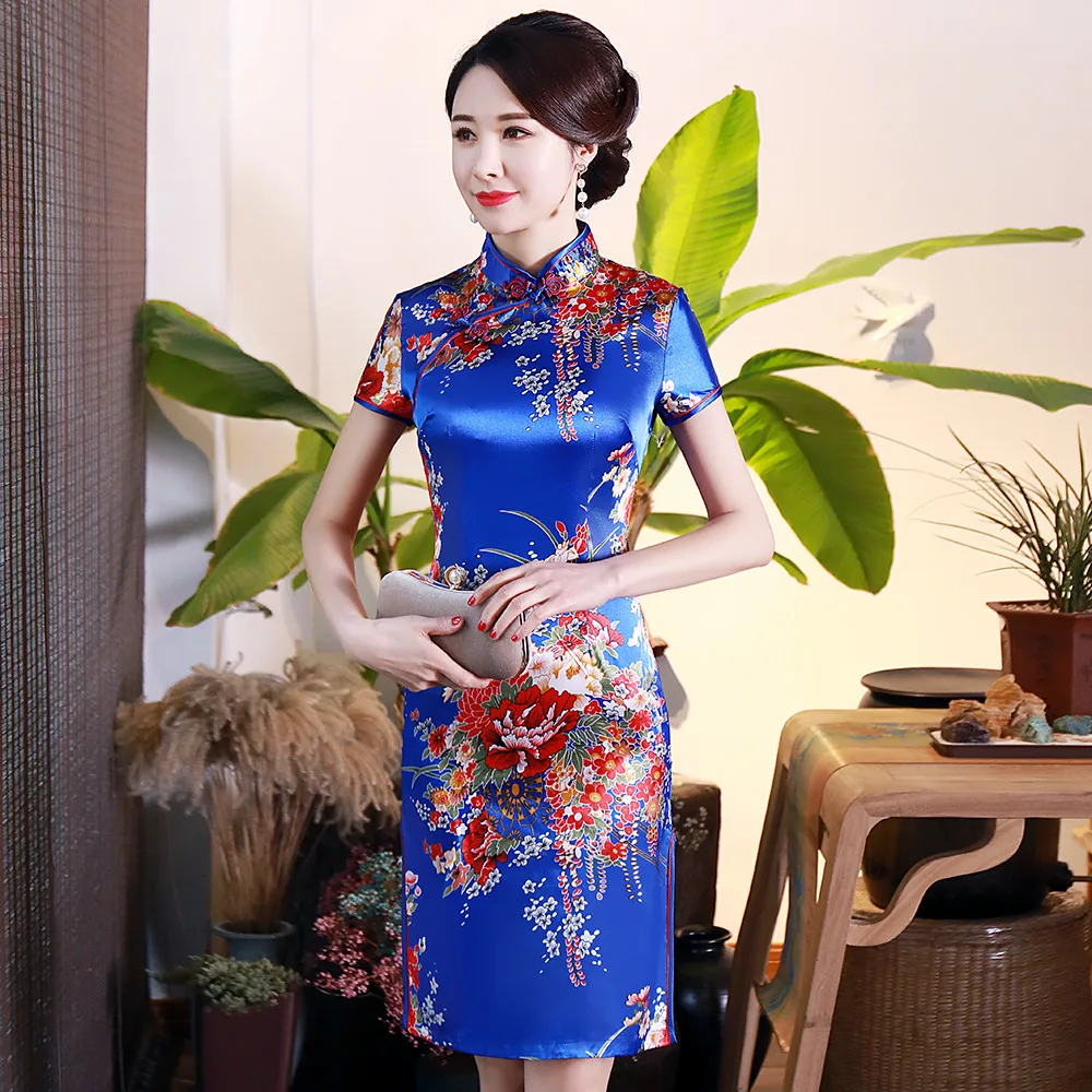 WHITE Flower Women Satin Cheongsam Summer New Slim Rayon Wedding Dress Elegant Split Qipao Traditional Chinese Women Vestido 6XL