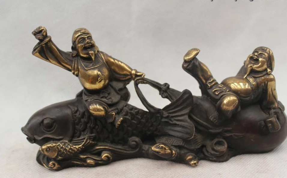 

4"Chinese Folk Feng Shui Bronze Lifelike Money drawing Gold bag carp geezer Stat