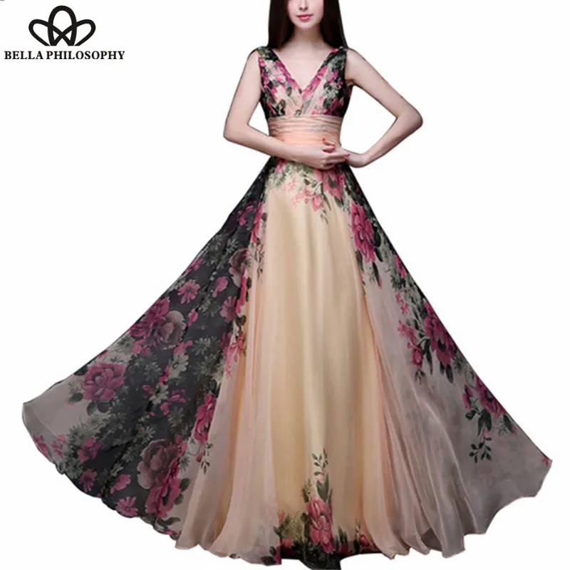 Wonder Summer Floral Print Dress 2019 Vintage Evening Party Club Elegant V-neck Long Dresses Robe Maxi Dress vestidos verano