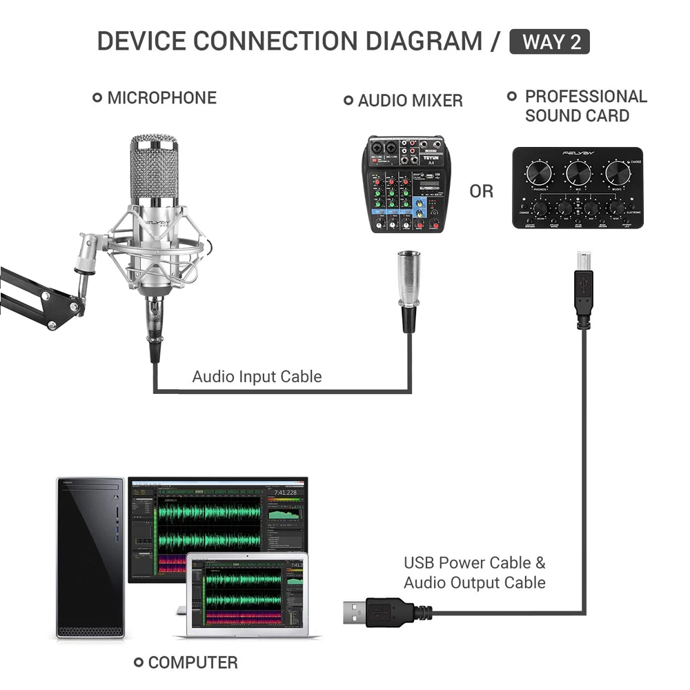 FELYBY Профессиональный BM 800 конденсаторный микрофон фантомное питание USB звуковая карта Микрофон Студийный KTV/PC микрофон