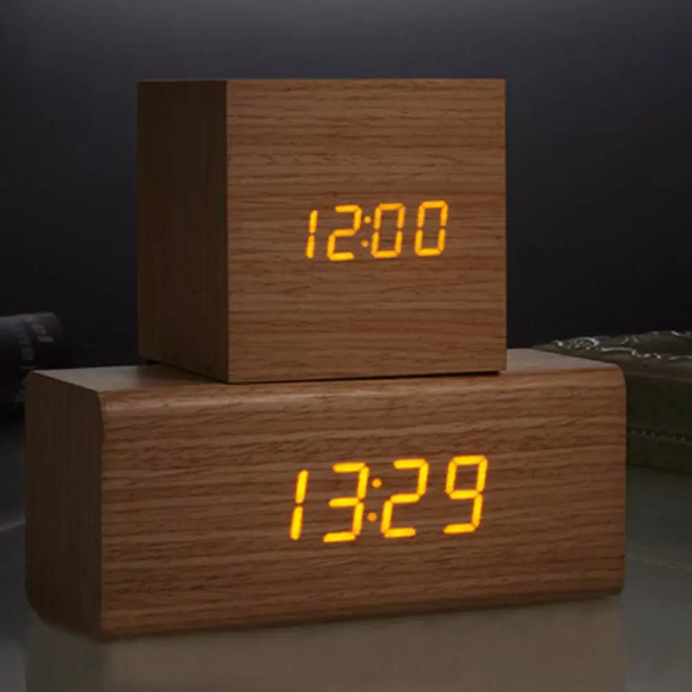 

Luminous USB Digital LED Wood Alarm Clock Voice Control Timer Thermometer With Time Memory Function Sweet Gift Desk table Clcok