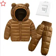 Новая зимняя куртка с капюшоном для маленьких мальчиков и девочек 1-5 лет, пальто+ брюки, водонепроницаемый теплый зимний костюм, комплект одежды для детей