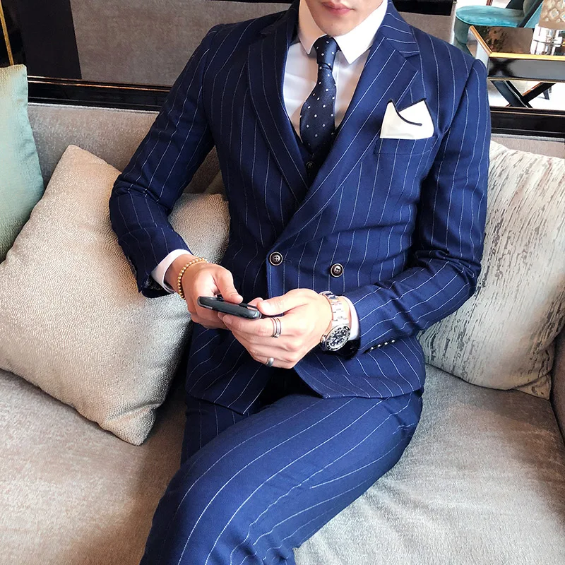 2018 New Striped Bussiness Suits Men (jacket+pants+vest) Double-breasted Slim Fit Party Wedding Dress Suit 