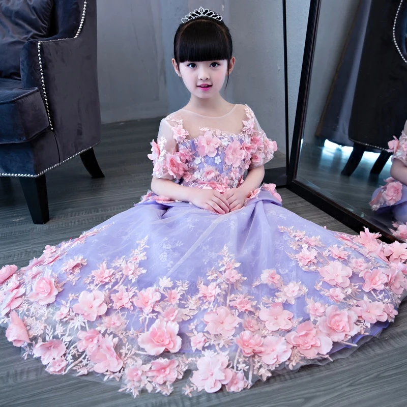 

2019Spring New European Luxury Girls Children long tail princess flowers dress kids wedding birthday beautiful long Prom dresses
