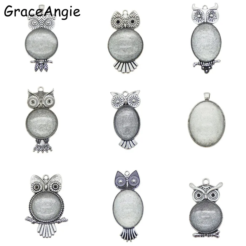 5Pcs Antique Silver Owl Animal Pendant Jewellery Findings Cabochon Setting Decor