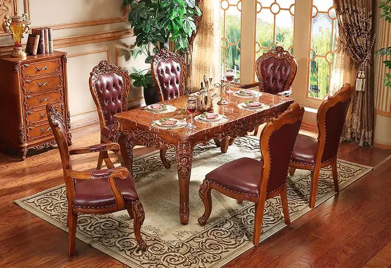 European Rectangle Table/ Luxury Solid Wood Carved Antique Table Set With 6 Chairs