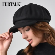 FURTALK шерсть Восьмиугольные шляпы женские зимние газетные кепки для девочек черный серый берет шляпа для женщин