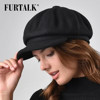 

FURTALK Wool Octagonal Hats Women Winter Newsboy Caps for Girls Wool Black Grey Beret Hat for Female