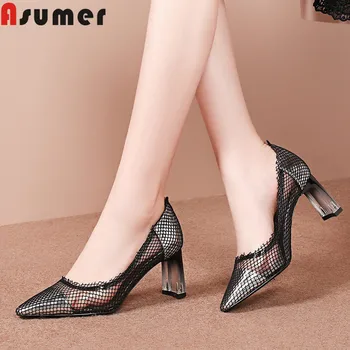 

ASUMER fashion new pumps shoes women pointed toe shallow transparent PVC+mesh high heels shoes sexy prom dress shoes 2020