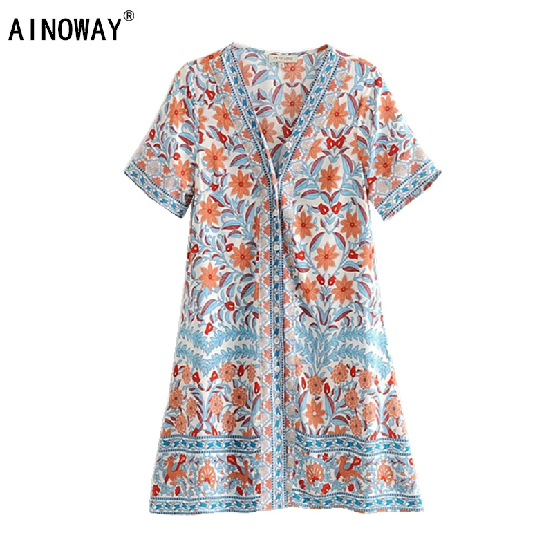 

Vintage chic women floral print short sleeve v-neck single breasted beach Bohemian dress tassel rayon mini Boho dress vestidos