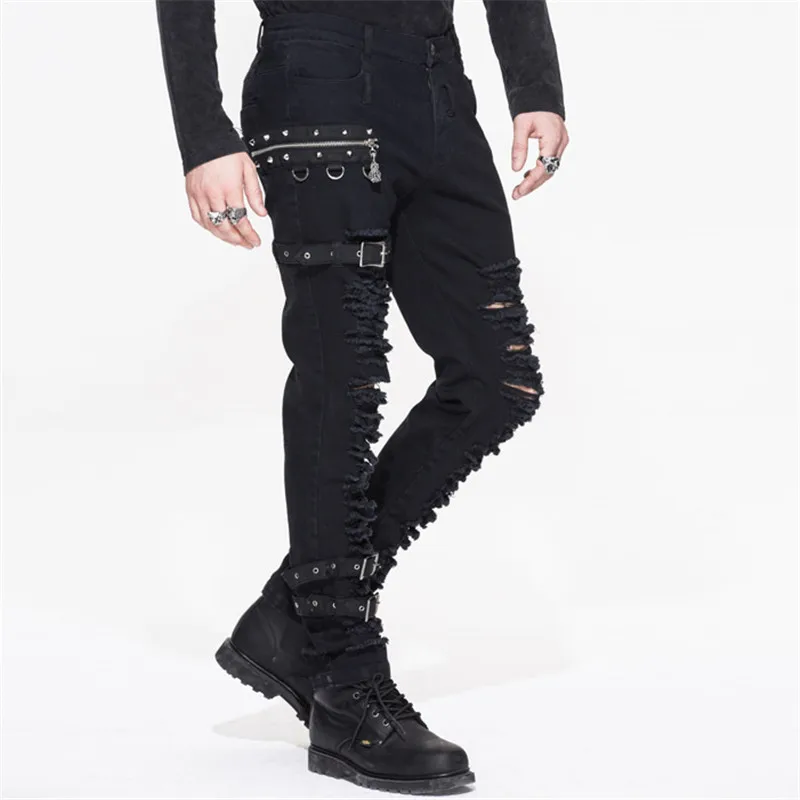 

Steampunk Man Casual Black Hole Pants Gothic Personality Men's Long Trousers Slim Fit Pencil Retro Fashion Pants