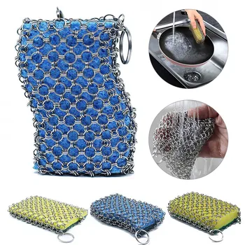 

Stainless Steel Chain Mesh Cleaner Grips Cast Iron Cleaning Tool with Sponge Kitchen Supplies TB Sale