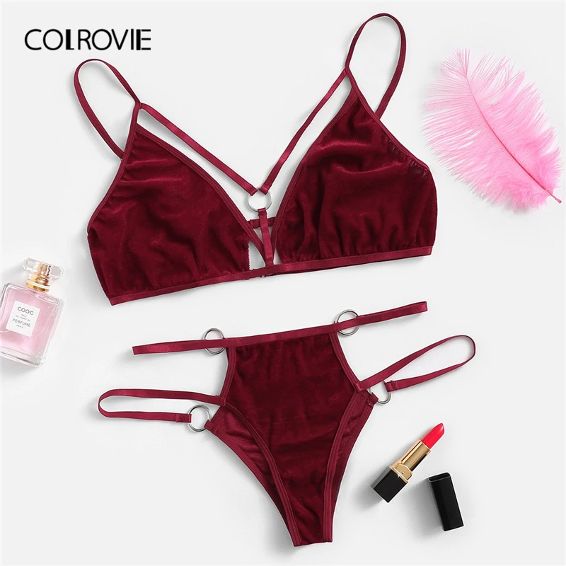 COLROVIE Burgundy Cut Out Harness Velvet Sexy Intimates Women Lingerie Set Wireless Underwear Bra Set Thongs With V-Strings