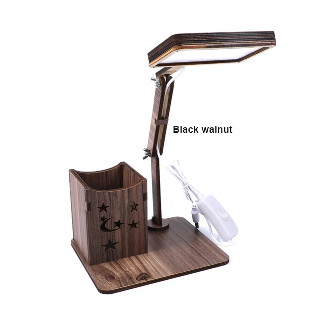 Rechargeable Wooden LED Desk Lamp with Brush Pot& Phone Holder Base Vintage Deco Dimmer Study Table Lamps for the Bedroom - Цвет корпуса: Black with USB Plug