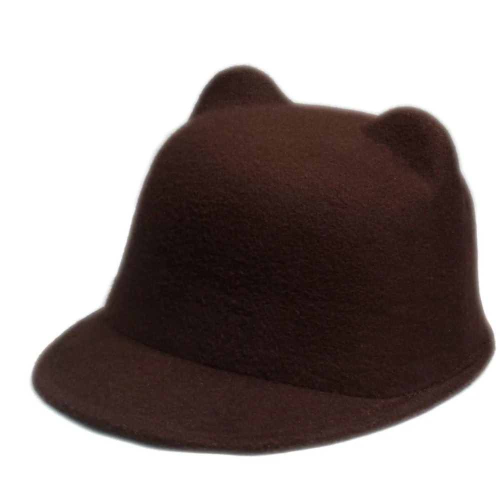 100% Wool Girls Fedora Hat Winter Black Devil Horns Cute Cat ear animal Derby Bowler lovely Cap for Childrend Gift