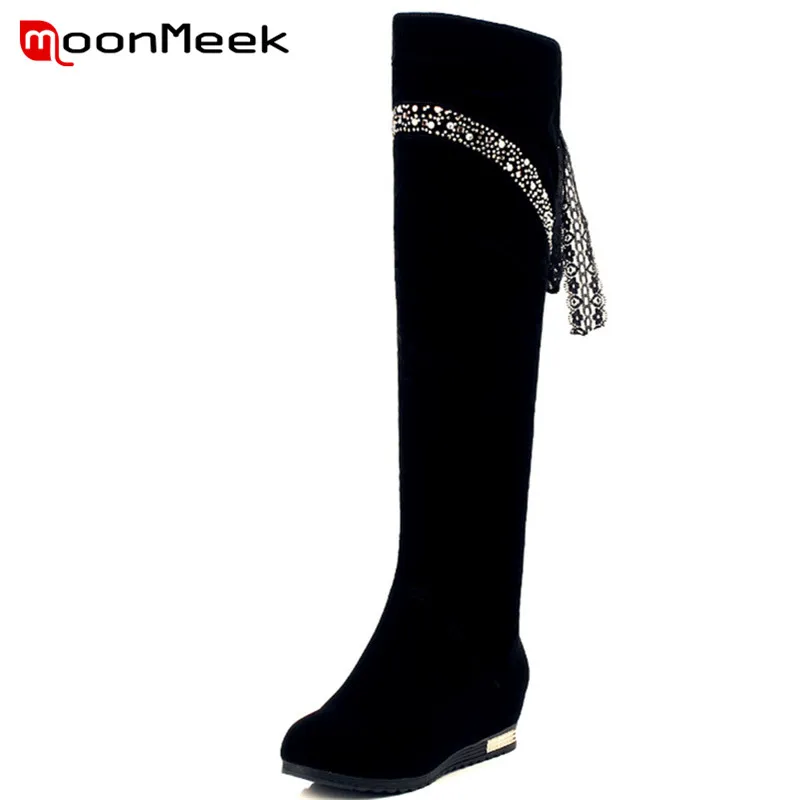 

MoonMeek hot sale 2018 fashion black knee high boots casual winter ladies boots low heel elegant round toe flock woman boots
