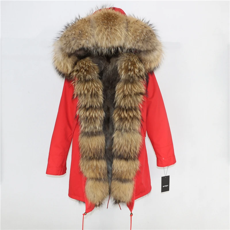 OFTBUY, пальто из натурального меха, длинная парка, зимняя куртка для женщин, натуральный мех енота, Воротник из натурального Лисьего меха, съемная уличная одежда, новинка - Цвет: red natural E