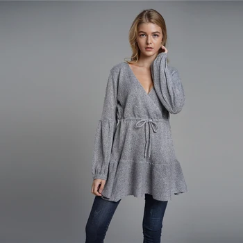 

Knitted Slim Women Knitwear Luxury Deep V Solid Gray V Neck Outwea Womens Sweater Pullovers 2019 Autumn Ladies Elegant Sweaters