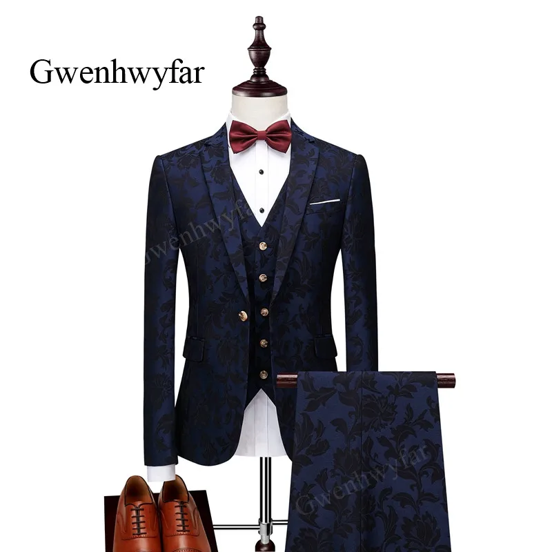 

Gwenhwyfar 2018 Autumn New Black Flower Patterns Navy Tuxedos For Bridegroom Best Men Wedding Party Wear Blazer Pants Waistcoat