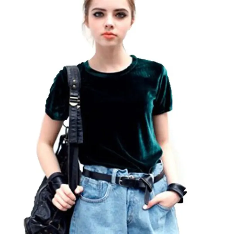 Fashion 2017 O neck short sleeve dark green women t shirt silk velvet t