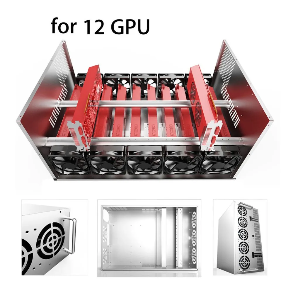 

Crypto Coin Open Air Mining Frame Rig Graphics Case ATX Fit 12 GPU Ethereum ETH ETC ZEC XMR Magnalium Alloy 12cm Fans