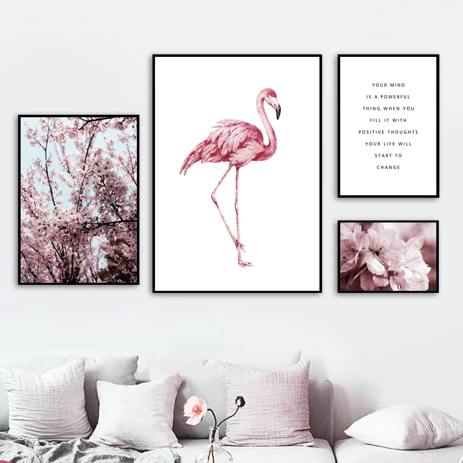 

Pink Flamingo Peach Cherry Blossom Nordic Posters And Prints Wall Art Canvas Painting Flower Wall Pictures For Living Room Decor