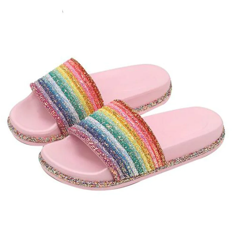 Female Summer Flat Slides Casual Bright Diamond Bling Rainbow Slippers Indoor Home Shoes Outdoor Beach Flip Flops Women Slides Female Summer Flat Slides Casual Bright Diamond Bling Rainbow Slippers Indoor Home Shoes Outdoor Beach Flip Flops Women Slides