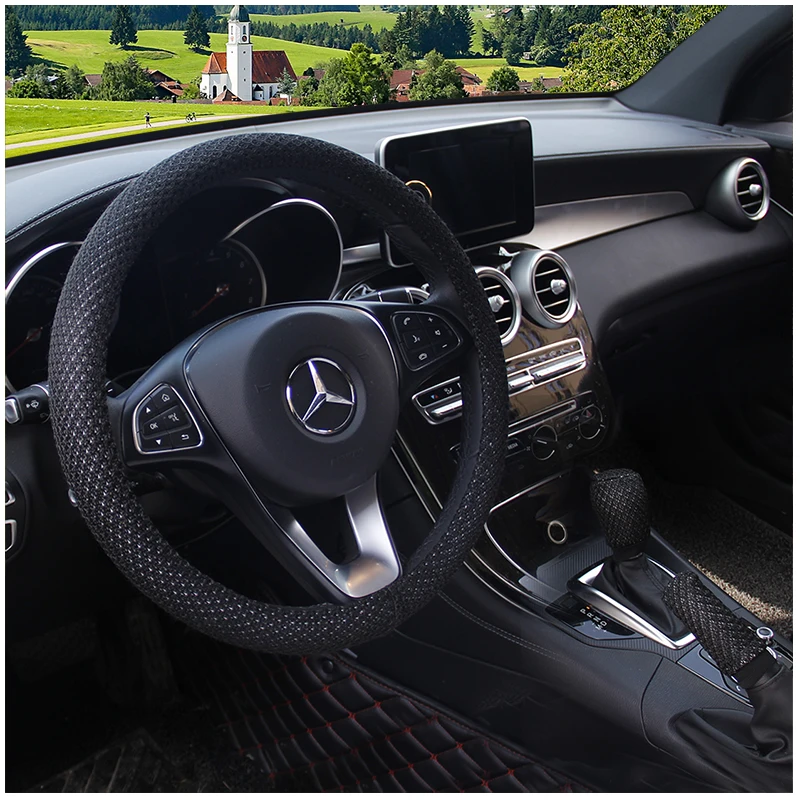 

KKYSYELVA 3PCS New Leather Car Steering Wheel Cove r Red 38cm Diameter Universal Size Car inner accessories Auto wheel covers